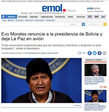 "Evo Morales renuncia a la presidencia de Bolivia y deja la Paz en avión", tituló el diario chileno El Mercurio