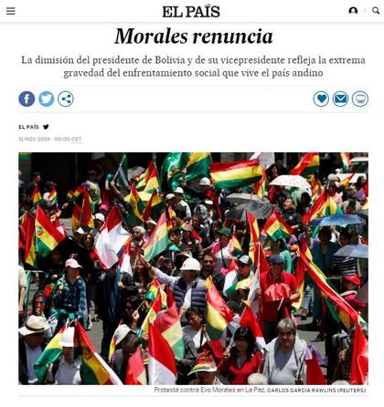 "Morales renuncia", tituló tajante el diario El País
