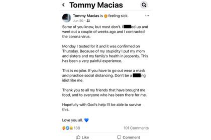 "No sean idiotas", el posteo que Macias escribió horas antes de morir de Covid-19