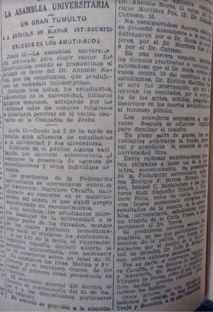 "Un gran Tumulto; la elección del rector interrumpida; excesos de los amotinados", publicó LA NACION