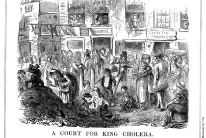 "Una corte para el rey del cólera", dice esta ilustración hecha en 1852, que muestra una escena típica de las condiciones de hacinamiento, insalubres en los barrios bajos de Londres. El cólera apareció por primera vez en Gran Bretaña en 1831, y los brotes ocurrieron regularmente en Londres