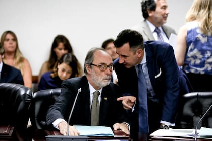 Andres García, secretario de la comisión, comenta las medidas de prueba con el diputado Pablo Tonelli.