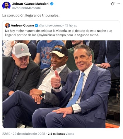 Andrew Cuomo se mostró con el actual alcalde de Nueva York, Eric Adams, en un partido de la NBA