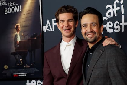 Andrew Garfield y Lin-Manuel Miranda en la proyección del film en Los Ángeles