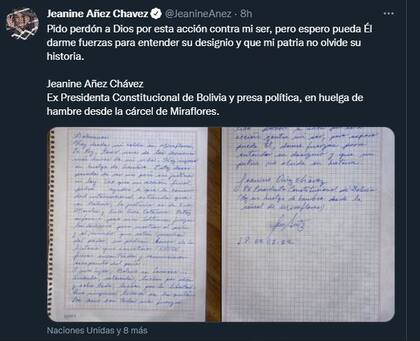 Añez publicó Twitter la carta en la que anuncia su huelga de hambre.