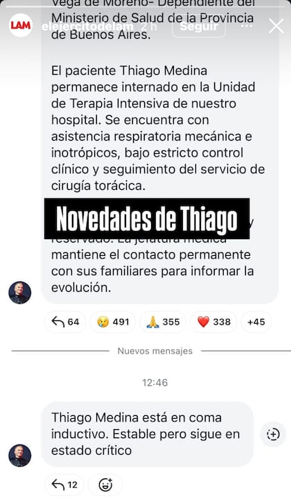 Ángel de Brito compartió este domingo novedades sobre la salud de Thiago Medina
