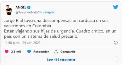 Ángel de Brito informó de la salud de Rial en Twitter