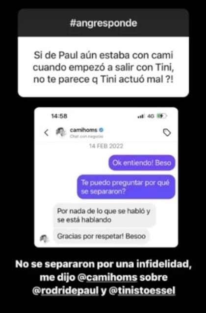 Ángel de Brito reveló una conversación que mantuvo con Cami Homs sobre los motivos de su separación de Rodrigo de Paul (Foto: Instagram)
