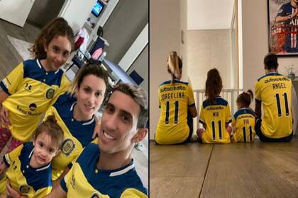 Ángel Di María junto a su mujer y sus hijas con la camiseta de Rosario Central durante la cuarentena por el Covid, en 2020; el Canalla es parte central de su vida