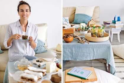 Anita optó por un mantel celeste (Doña Estampas) y tazas enlozadas con suculentas en lugar de un ramo de flores aparatoso.