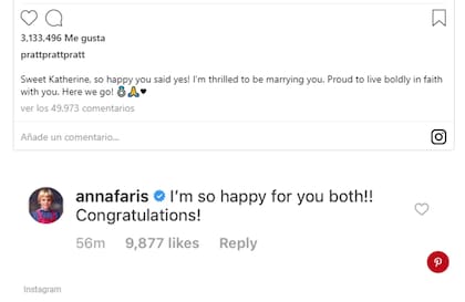 Anna Faris felicitó a su ex Chris Pratt por el anuncio de casamiento
