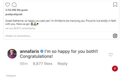 Anna Faris felicitó a su ex Chris Pratt por el anuncio de casamiento