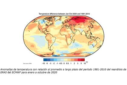 Anomalías de tempratura en 2020 respecto del promedio entre 1981-2010; amarillo, naranja y rojo suponen que la temperatura estuvo por encima del promedio