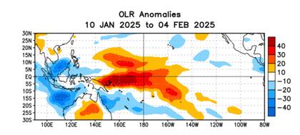 Anomalías del promedio de la radiación de onda larga emitida (OLR, por sus siglas en inglés) (W/m2) durante el período del 10 de enero – 4 de febrero de 2025. Las anomalías de OLR se calculan como desviaciones de los penta-promedios del período base de 1991-2020
