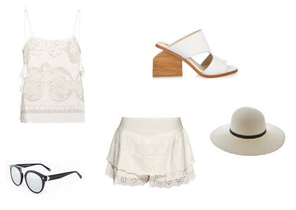 Anteojos (Absurda) Short (Bendito Pie, $610) Top (Clara) Sandalias (Sette, $4980) Sombrero (Compañia de Sombreros, $468)