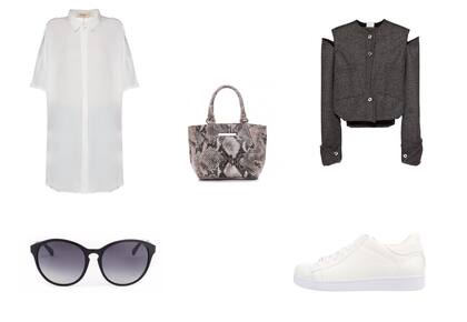 Anteojos (Elizabeth Arden) Zapatillas (Luna Chiara, $799) Cartera (Lazaro, $2190) Maxi camisa (Vero Alfie, $2882) Saco (Dubié)