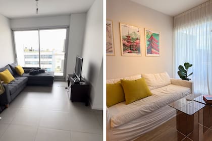 Antes: el sofá cortaba el paso al balcón y el aspecto general era frío. Después: nuevos muebles, cortinas en gasa de algodón y paredes en tono 'Pelicano' (Alba) con un toque de gris crean un entorno más acogedor