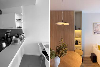 Antes: la barra separaba la cocina y no había lugar para banquetas que permitieran usarla como desayunador. Ahora: nueva distribución y materiales unificados integran todo el ambiente