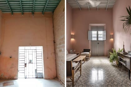 ANTES: La casa traía los colores rosa y celeste pastel. DESPUÉS: Una restauración completa con la puerta principal reemplazada y en el mismo celeste que las vigas