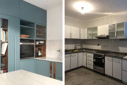 ANTES: mesada de granito oscuro, poca luz y un aspecto general deslucido. DESPUÉS: nuevos colores y la pata más corta de la 'L' transformada en el gran mueble que toma toda la altura del ambiente.