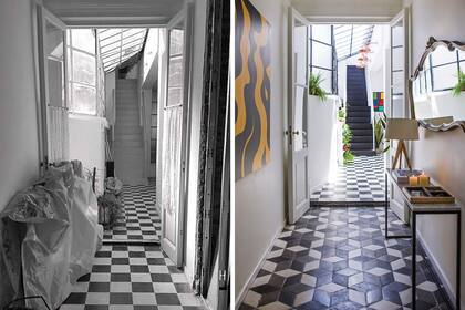 En el patio, mantuvieron los calcáreos en damero y pintaron la escalera con un revestimiento de alto tránsito color negro.