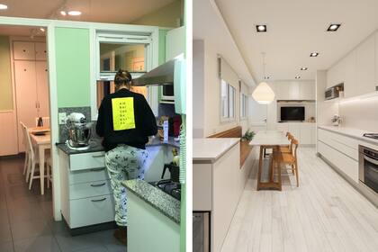 Antes: un tabique separaba y limitaba las funciones. Mesada de 'Silestone' (Oscar Revestimientos). Mesa (The Furniture Company) con un banco empotrado.