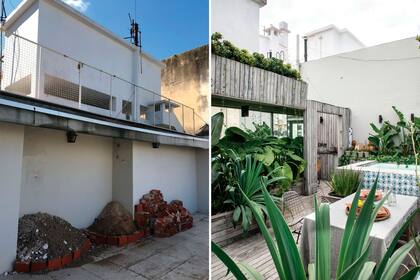 Antes y después. La doble altura (izquierda) indicaba que sería necesario cubrir hasta superar la reja de arriba. Las plantas que se ubicaron en el segundo nivel son azareros enanos y vincas variegadas. Todo se riega mediante un programador de riego automatizado.