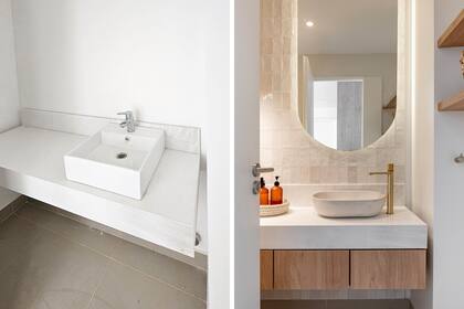 Antes y después. Bacha nueva (cóncavo), grifería y accesorios (Hidromet). Revestimiento en pared (Zellig White, SBG) y objetos (VK Home).