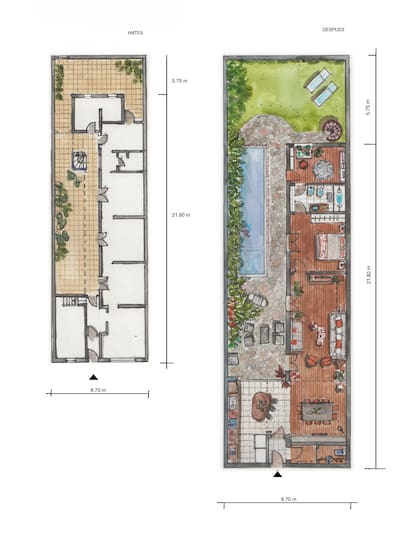 ANTES Y DESPUÉS, con unión de ambientes, nuevos servicios, la reubicación de la escalera externa con nuevo diseño para crear un patio con pileta y un buen jardín. Otra vida