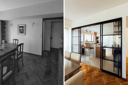 Antes y después de un living que integró la cocina, remodelada pero con puertas corredizas para cerrarla o abrirla cuando se quiera