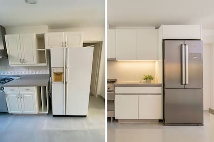Antes y después de un restyling de cocina con muebles, revestimientos y electrodomésticos más modernos, sin modificar la estructura ni demoler