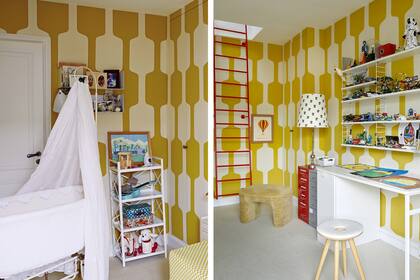 ANTES Y DESPUÉS del cuarto infantil. Quedó el entelado de la colección Boussac (Pierre Fey), prueba de lo acertado de la primera elección.