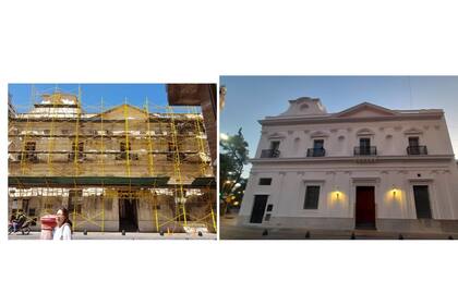 Antes y después del trabajo de remodelación de la fachada de la Manzana de las Luces