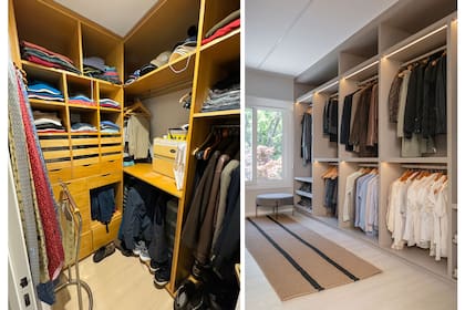 Antes y después del vestidor. una puerta corrediza para conectarla directamente al jardín y ampliar las visuales. Para armonizar la habitación, adelantaron el rack de TV con una nueva pared de durlock que permitió ganar espacio en el vestidor.