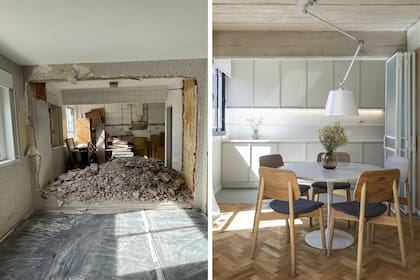 ANTES Y DESPUÉS. El departamento contaba con la clásica cocina lineal acompañada por un lavadero. Se demolió la pared existente y se incorporó un recurso singular: un panel divisor.