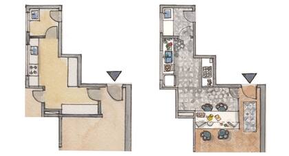 Antes y después. El horno se llevó a la pared opuesta para aumentar el espacio de trabajo, mientras que se tiró la pared que da al living para armar la barra con cerramiento de vidrio plegable. Nuevos muebles, pisos y revestimientos.