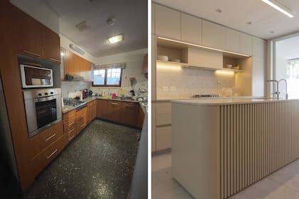 Antes y después. En la cocina renovada, mesada y alzada 'Bianco Luxe' (Purastone). Iluminación (DIMM).