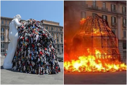 Antes y después, en la plaza de Nápoles donde durante la madrugada prendieron fuego una obra de arte emblemática de Pistoletto