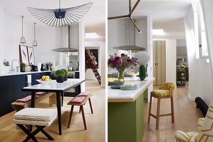 ANTES Y DESPUÉS. La actualización de la cocina no implicó obra húmeda: se cambió la iluminación, la mesa por una isla y se pasó deal azul al verde