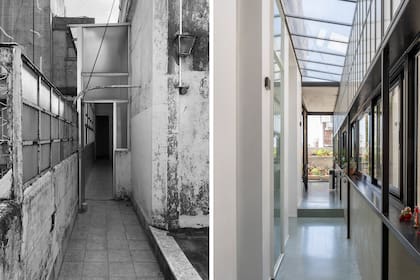 ANTES Y DESPUÉS. La galería se hizo con una estructura de herrería con un chapón que funciona como estante y donde están insertas las aberturas de aluminio que dan hacia el aire y luz. Luego continúa una mampara de vidrios fijos repartidos y, más arriba, el techo de vidrio laminado.