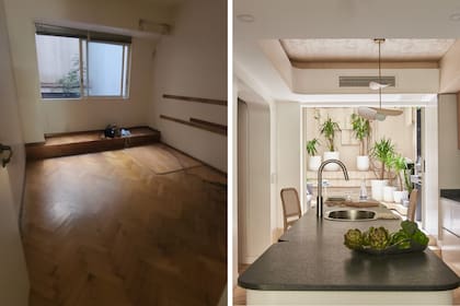 Antes y después. Muebles de cocina combinados en incienso y laqueado ‘Gris Visón’ de Alba (Oku Taller).
