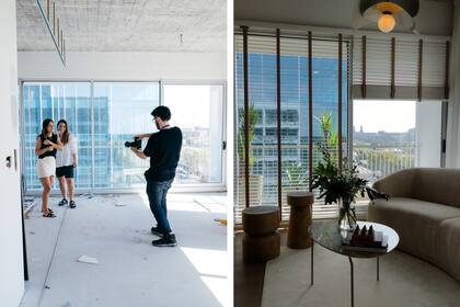 ANTES Y DESPUÉS. Rocío y Natalia Brunet, a cargo del espacio "Metamorfosis" posan cuando la obra recién empezaba. Un rincón del living. Su departamento en esquina tiene vista a las grúas y también a la maravillosa Central Puerto Nuevo. 