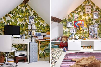 ANTES Y DESPUÉS. Sobre la suite, el dormitorio del hijo más chico ocupa lo que antes era el espacio de trabajo de sus padres. Nuevamente, quedó el revestimiento: el empapelado 'Bananier' de Pierre Frey.