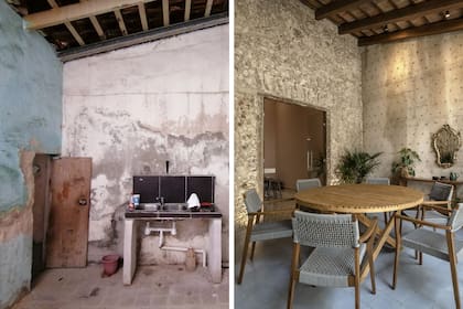 ANTES Y DESPUÉS. Uno de los grandes desafíos para hacer la galería fue tirar abajo el muro celeste que está en la foto de la izquierda. Se conservaron y restauraron los techos originales.