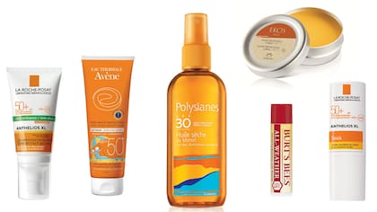 Anthelios áreas sensibles ($355, La Roche Posay); Solar leche para niños +50 ($541, Avene);Aceite seco 30 para cuerpo y cabello, antiage e hidratante Polysianes ($355, Pierre Fabre); Barra All Weather FPS15, ($99, Burt´s Bees); Pulpa protectora labial 15 ($278, Ekos Buriti, Natura) y protector labia