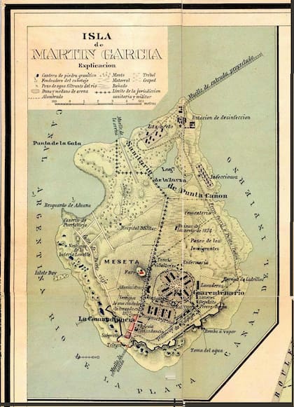 Antiguo mapa de la Isla Martín García. El nombre de la isla proviene del despensero de la expedición de Díaz de Solís, Martín García, quien falleció a bordo del buque.