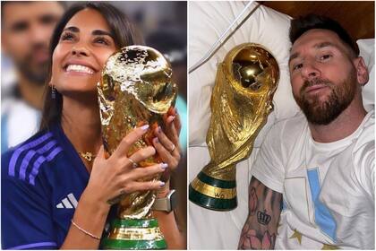 Anto y Leo con la Copa del Mundo (Foto: Instagram @antonelaroccuzzo)