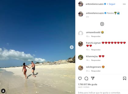 Antonela compartió una postal junto a Messi en sus vacaciones en Bahamas y escribió "Paraíso"