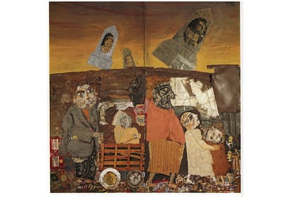 Un collage de la serie de Juanito Laguna, de los años 60, que tiene las obras más valiosas del rosarino