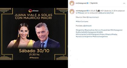 Anuncio de la visita de Mauricio Macri al programa conducido por Juana Viale (Foto: Captura Instagram/@mirthalegrand)